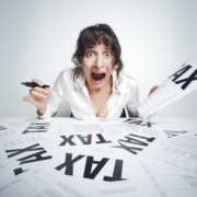 crazy woman with tax paperwork